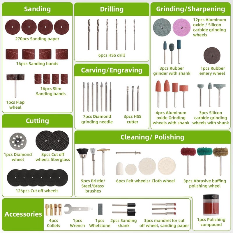 Huepar Tools 510-Piece Rotary Tool Accessories Kit, 1/8 inch (3.2mm) Diameter Shanks, Universal Accessories Bits for Easy Cutting, Sanding, Grinding, Carving, Polishing, Drilling and Engraving - Image 2